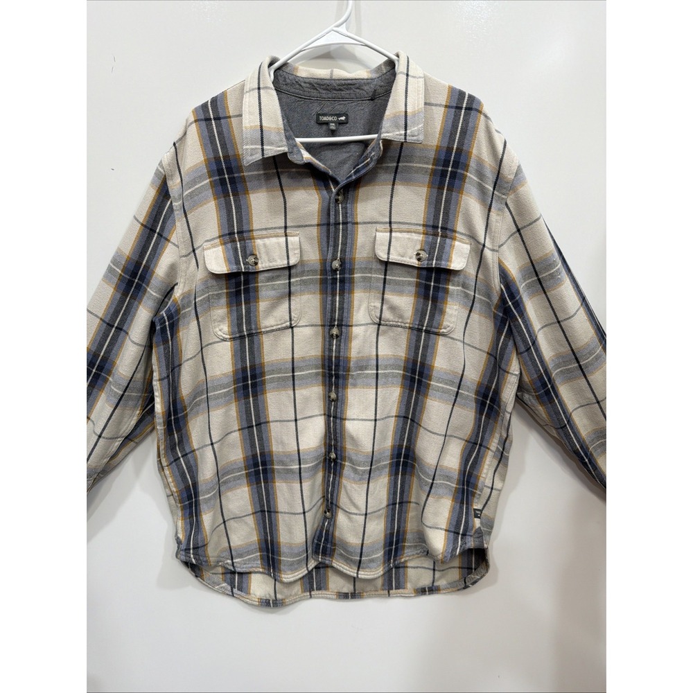 Toad & Co Creme Plaid Heavy Flannel Shirt XXL Button Up Long Sleeve Elbow Patch